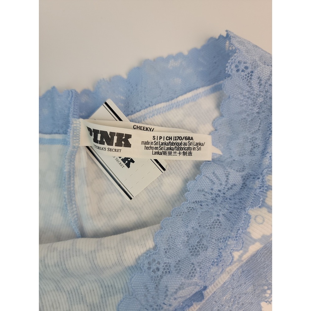 PINK Victorias Secret Blue Floral Ribbed Lace Trim Cheeky Panty Small NEW - Picture 5 of 7